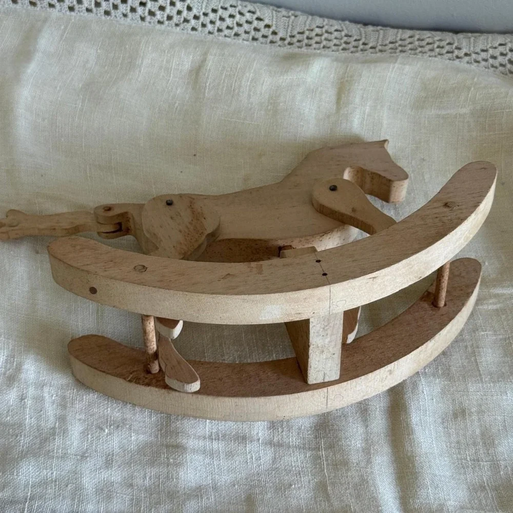 Vintage Handcrafted Wooden Rocking Horse Articulated Moving Legs Natural Wood
